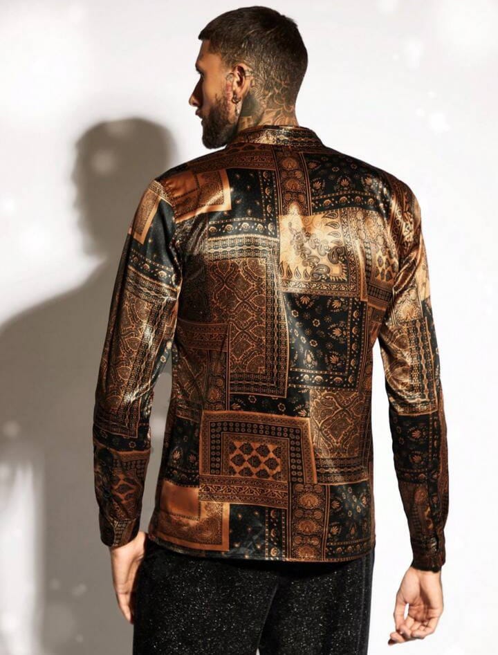 Men's  Patchwork Printed Casual Button up Collar Prom Vintage Long Sleeve Shirt